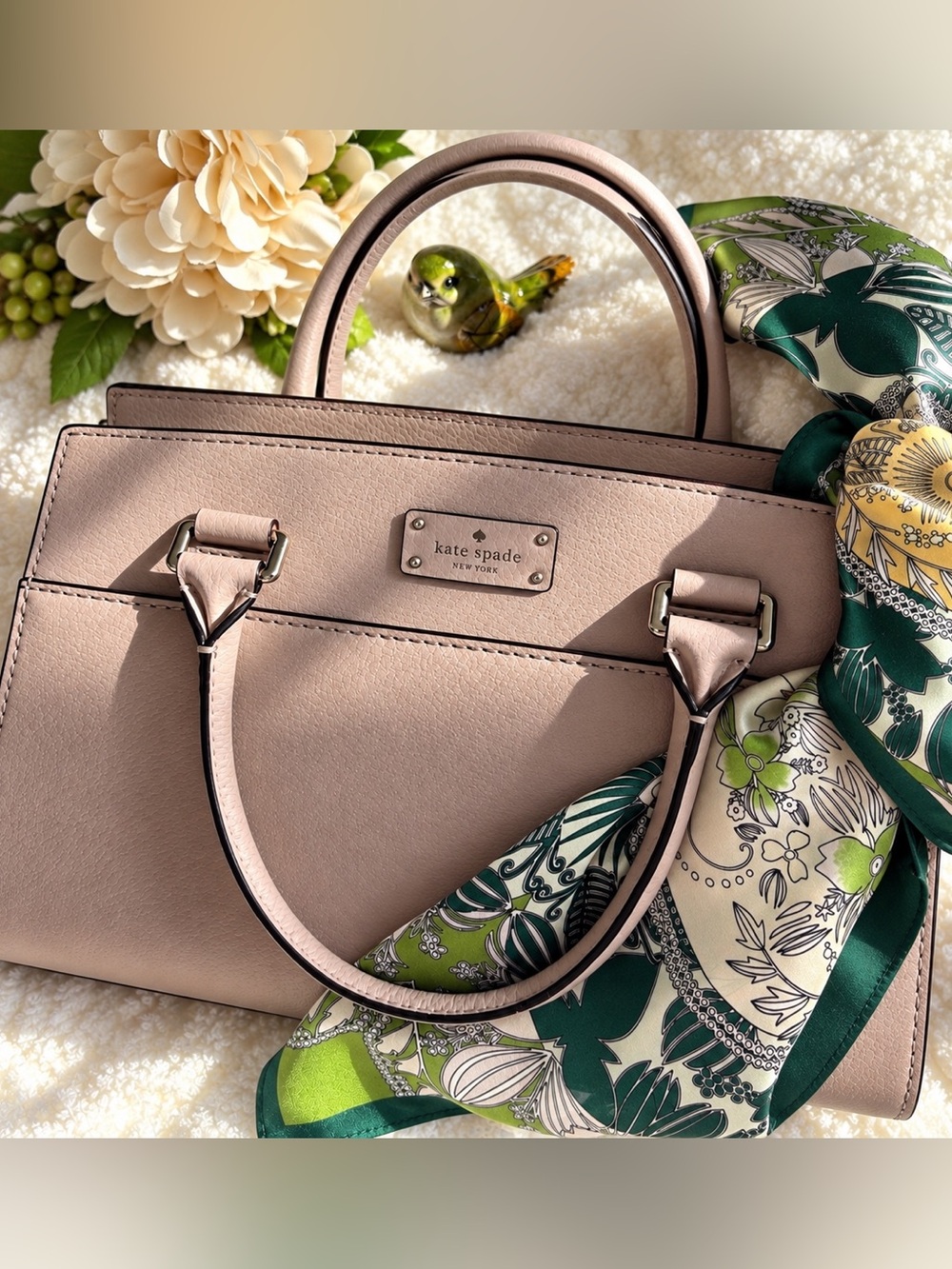 Kate Spade Grove Street “Small Caley”Almondine Leather Med Satchel W/Strap/Silk
